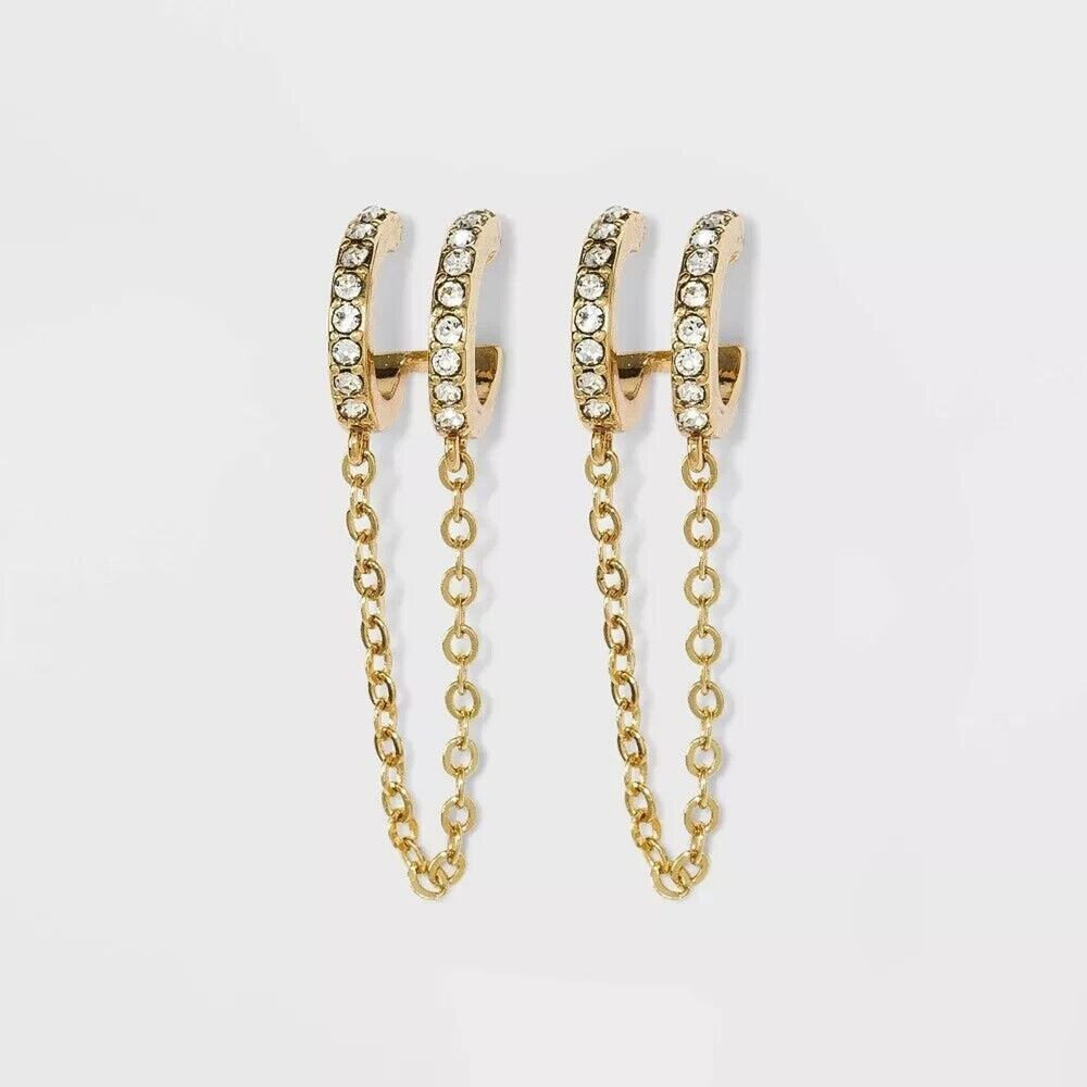 NEW‎ SUGARFIX by BaubleBar Double Hoop Stud Earrings with Chain Gold Tone